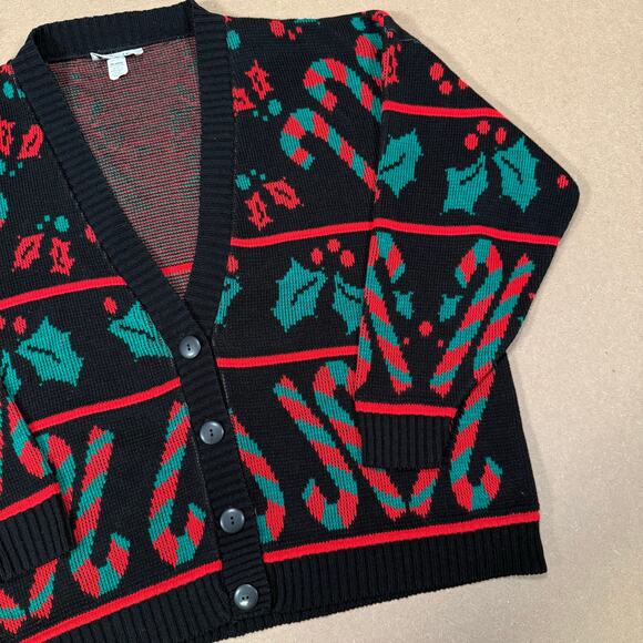 Vintage Christmas Candy Cane Holly Knit Cardigan Sweater Black Red Green XL - Picture 2 of 8